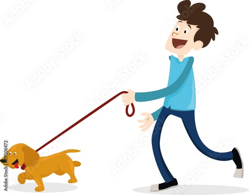 Cartoon style man walking with dog dachshund