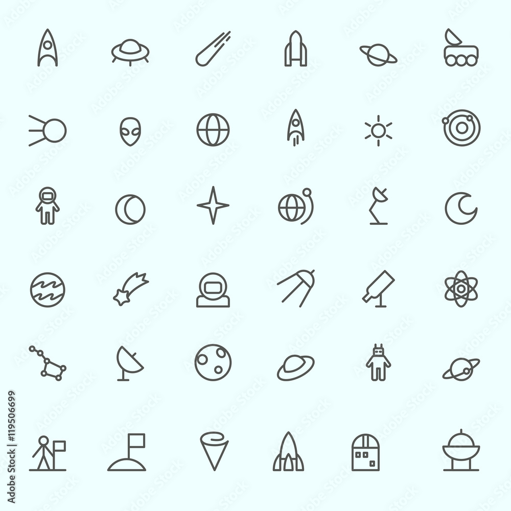 Space icons, simple and thin line design
