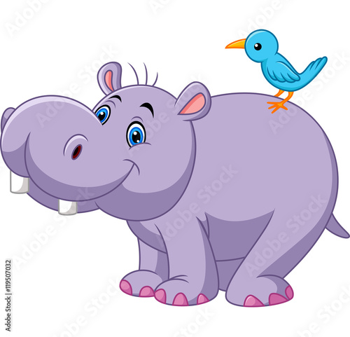 Fototapeta Naklejka Na Ścianę i Meble -  Cartoon funny hippo with bird