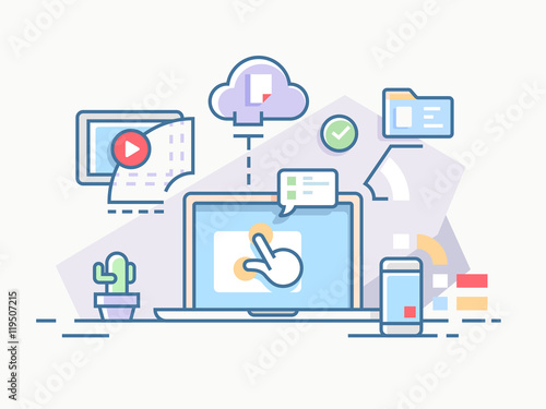 Interactive workflow process using computers and cloud services. Vector illustration.