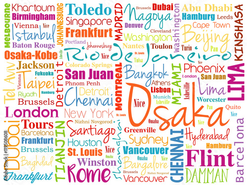 Cities in the World related word cloud collage background