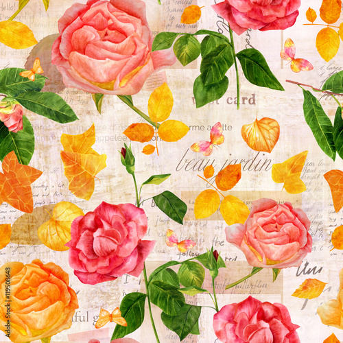 Vintage seamless pattern with roses and camellias on old ephemera