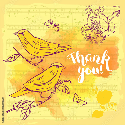 Vector Thank You card with lettering, birds and butterflies