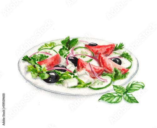 Hand drawn watercolor illustration of Greek salad on the plate isolated on the white background