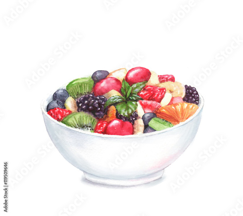 Hand drawn watercolor illustration of the food  fruit salad in the plate  isolated on the white background