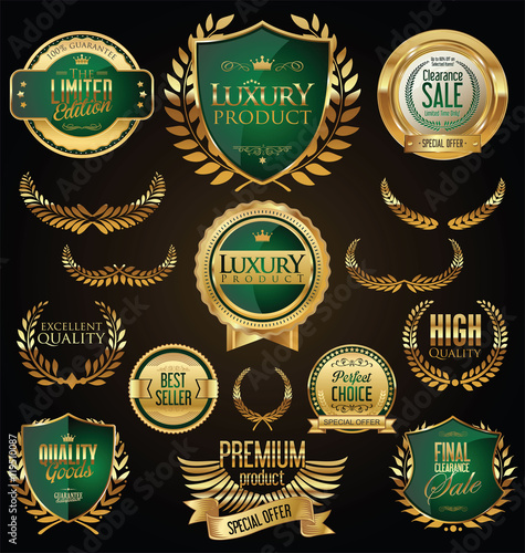 Golden sale shields laurel wreaths and badges collection 