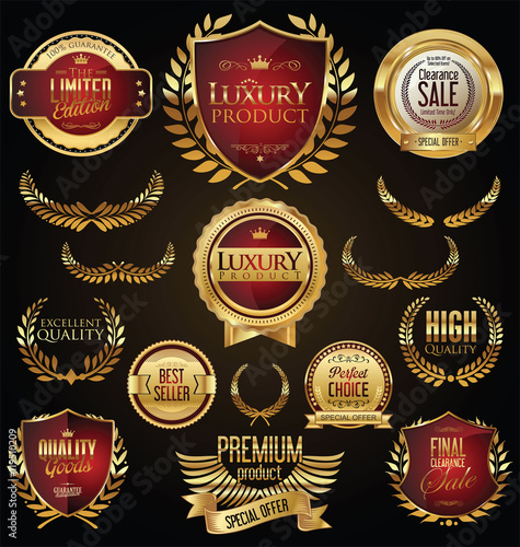 Golden sale shields laurel wreaths and badges collection 
