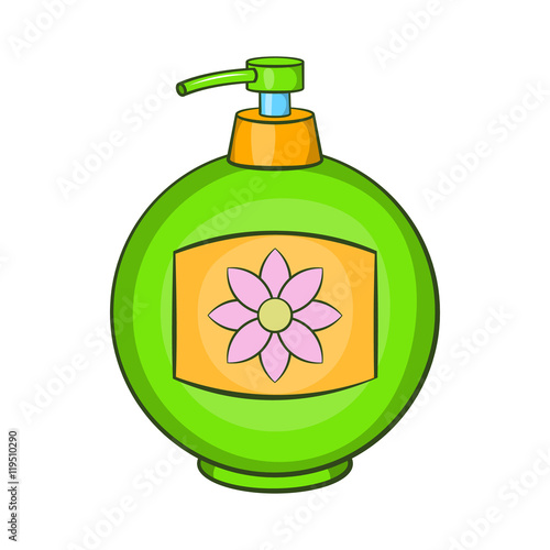 Green plastic bottle of liquid soap icon in cartoon style on a white background