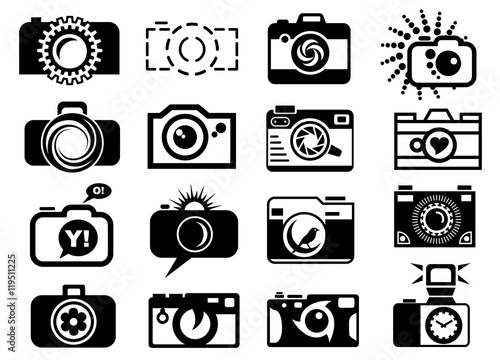 Photo camera icons set. Black and white camera silhouettes for photographer logo.