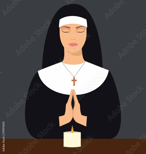 illustration of a young nun with eyes closed and hands folded in prayer. Vector illustration of woman praying