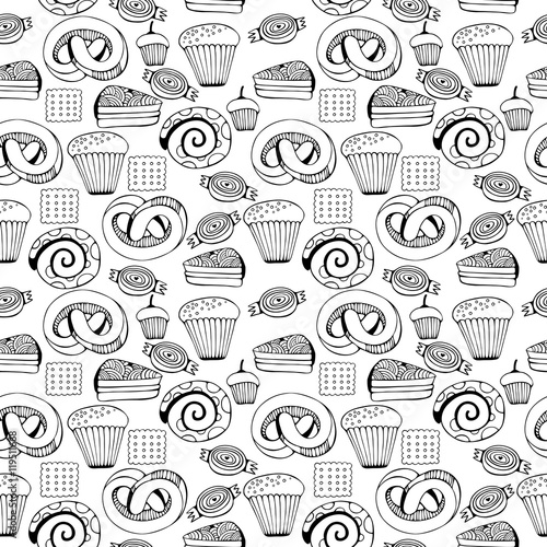 Hand drawn sweets and candies set. Monochrome Vector Seamless Pattern.