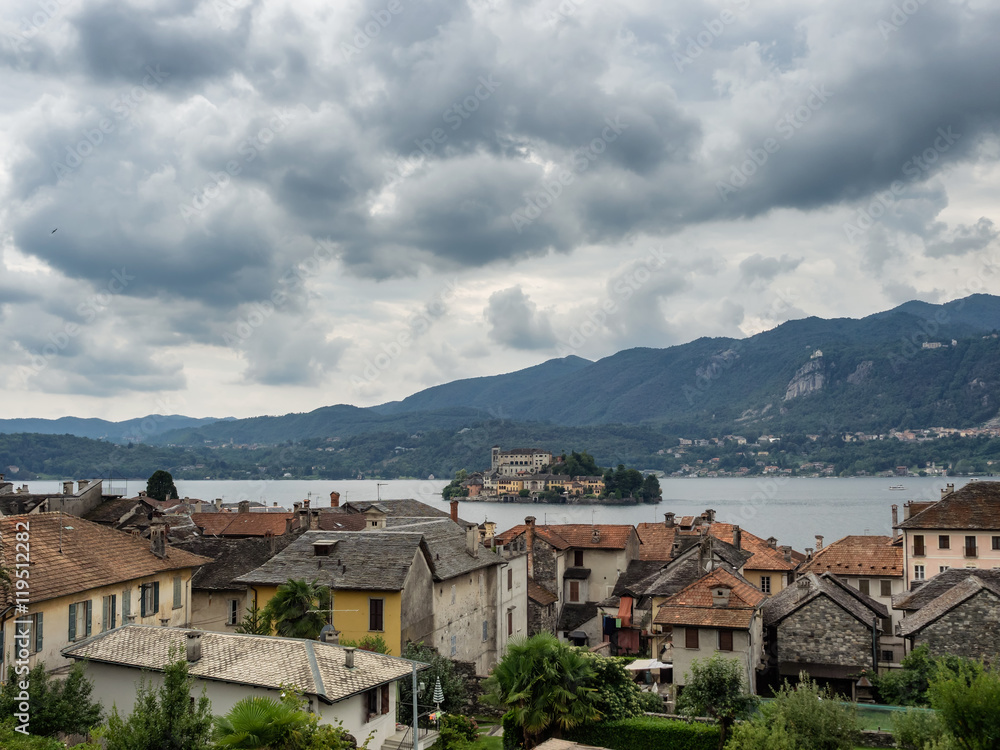 View of the island of San Giulio in Lake Orta in Italy