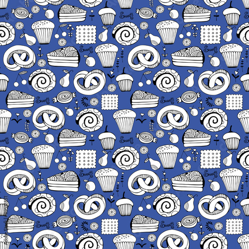 Hand drawn sweets and candies set. Monochrome Vector Seamless Pattern.