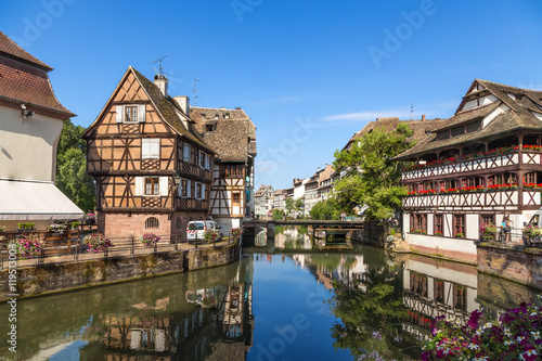 Strasbourg, France. The picturesque landscape with reflection in the water of buildings in the neighborhood "Petite France"