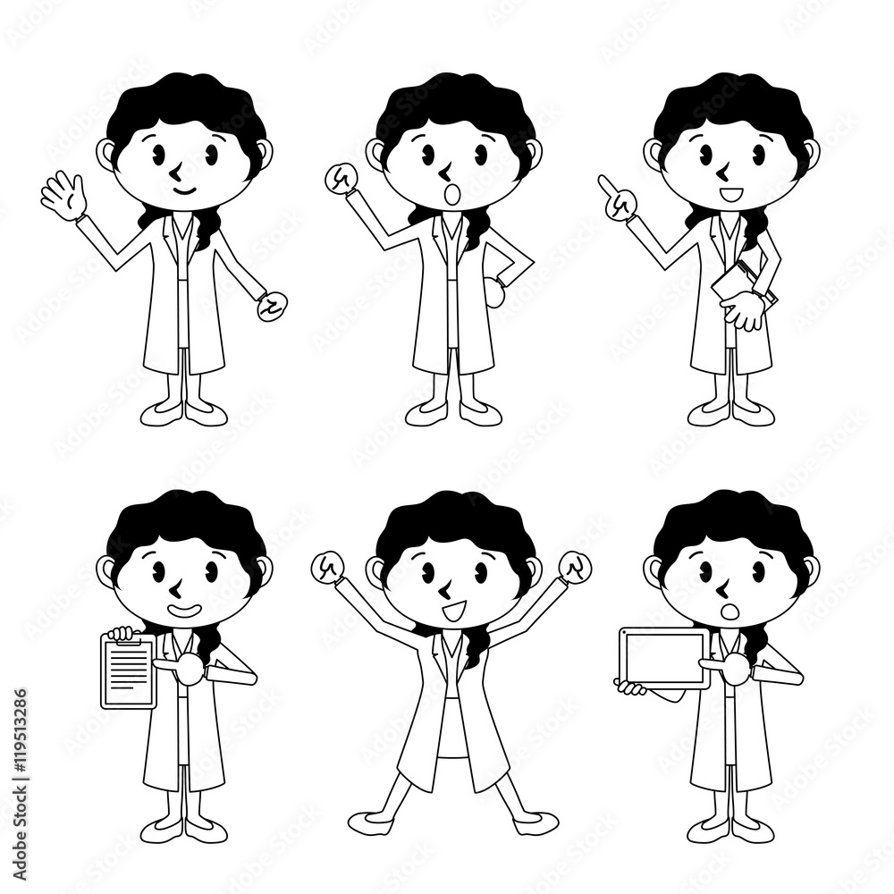 various posing character clip art set, doctor or professor wearing white coat, monochrome line drawing illustration various posing character clip art set, doctor or professor wearing white coat, monochrome line drawing illustration