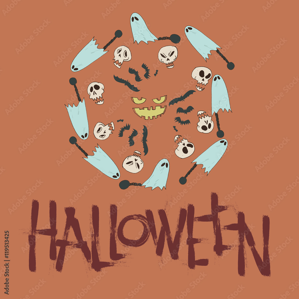 HALLOWEEN CARD. 
Pumpkins, ghosts, skulls, bats.