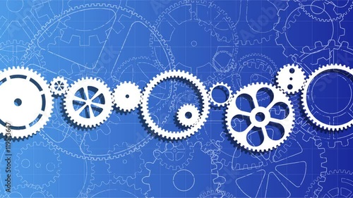 Gear wheels moving on a blueprint background
