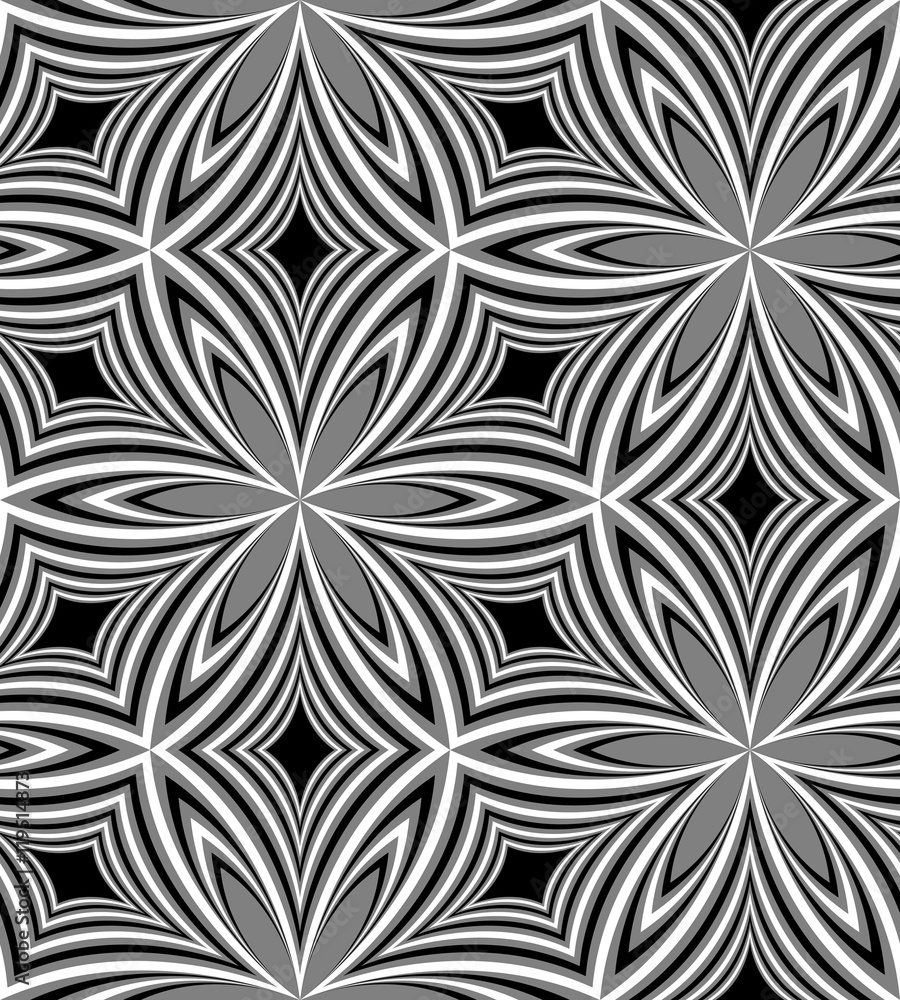 Seamless Monochrome Pattern Of Curved Diamonds. Geometric Abstract Background. Suitable for textile, fabric, packaging and web design. Vector Illustration. Seamless Monochrome Pattern Of Curved Diamonds. Geometric Abstract Background. Suitable for textile, fabric, packaging and web design. Vector Illustration.