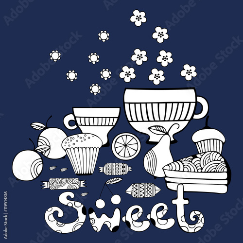 Hand drawn sweets and candies set. Monochrome Vector illustration.
