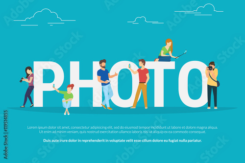 Photo concept illustration of young people using smartphones with sticks and lens camera for taking photos. Flat people standing and sitting near letters photo