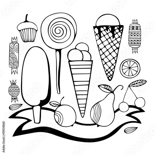Hand drawn sweets and candies set. Monochrome Vector illustration.
