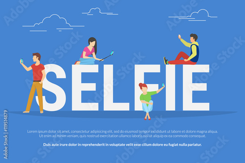 Selfie concept illustration of young students using smartphones with sticks for taking self photos. Flat people standing and sitting near letters selfie
