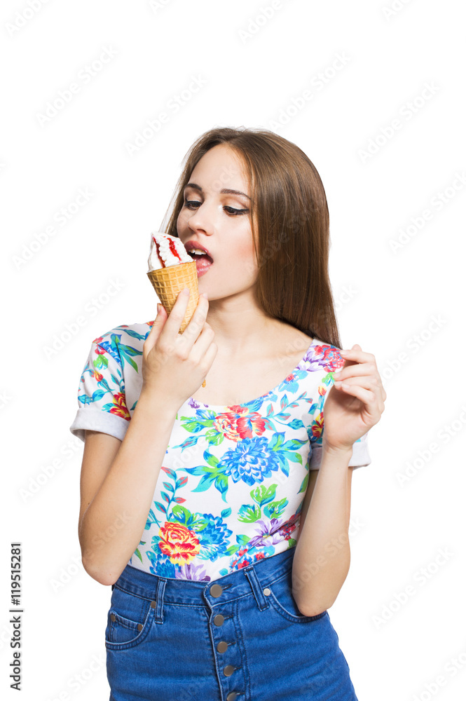 Funny young teen girl eating an ice cream isolated on white background. Funny young teen girl eating an ice cream isolated on white background.