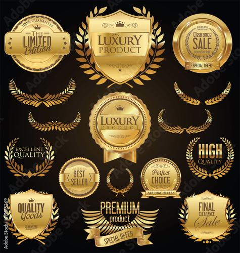 Golden sale shields laurel wreaths and badges collection