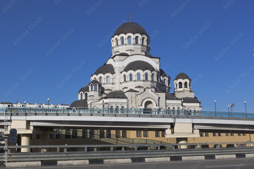 View of the temple Holy Face of Christ the Savior from the highway A-147 in Sochi, Adler, Krasnodarskay region, Russia