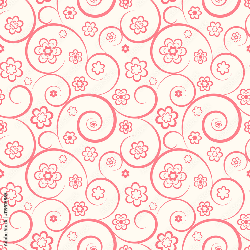 Pink seamless pattern. Flowers and swirls on white background