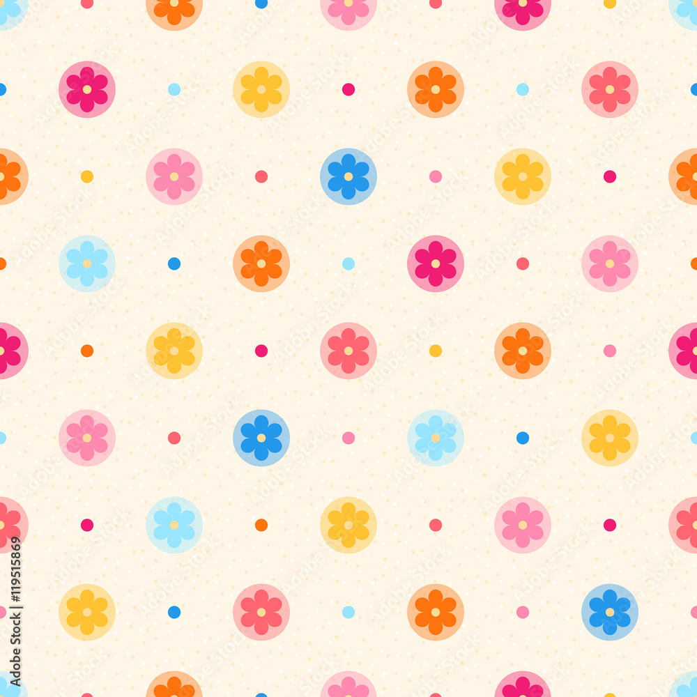 Retro seamless pattern. Color flowers and dots on beige dotted b Retro seamless pattern. Color flowers and dots on beige dotted b