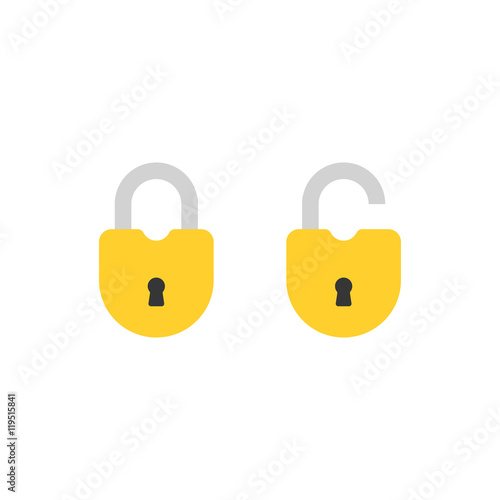 Open lock and close lock flat icons. Silhouette lock. Yellow locks isolated on background. Vector set