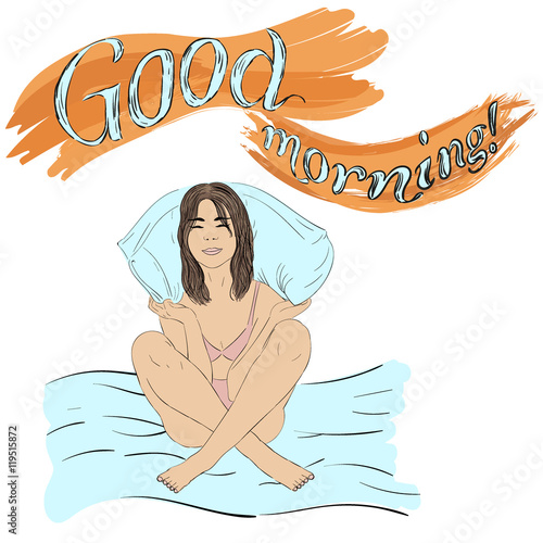 Funny Cute Girl With pillow in pijama. Good Morning. Vector Illustration