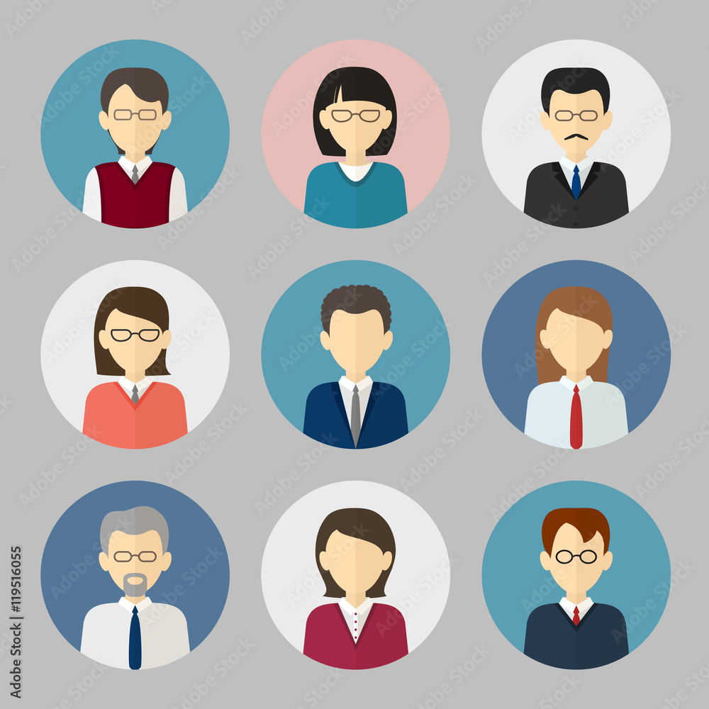 Colorful business people face. Circle icons set in trendy flat s Colorful business people face. Circle icons set in trendy flat s