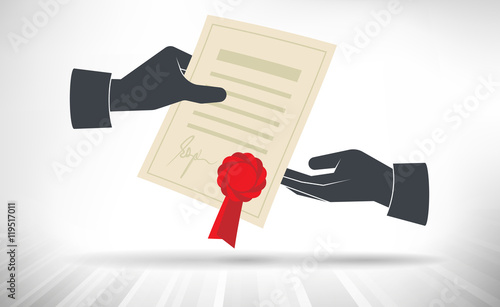 Receiving Diploma. One hand giving diploma to another hand