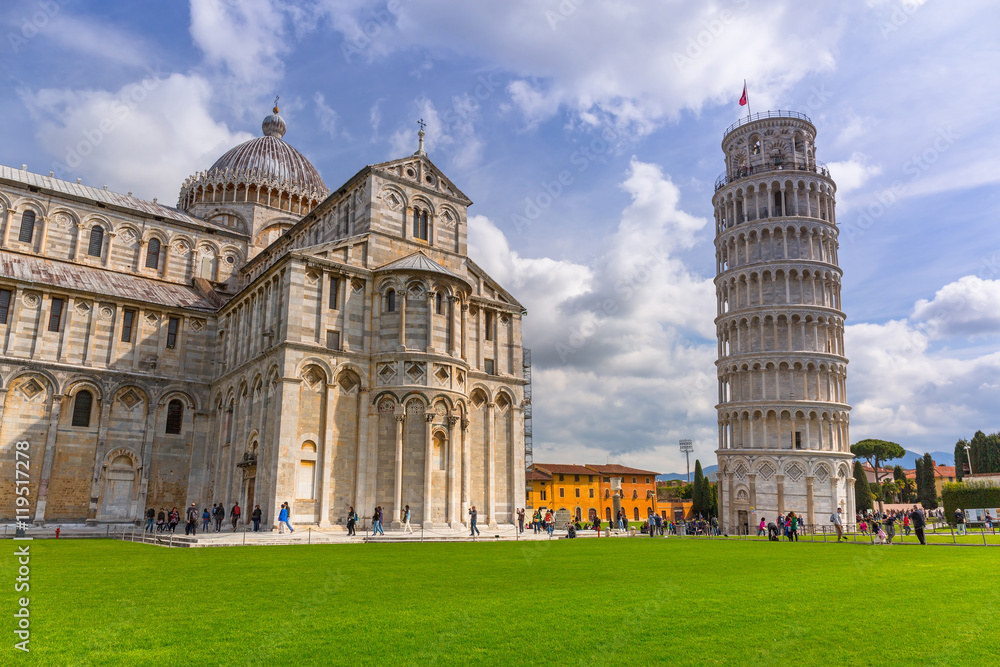 Cathedral and the Leaning Tower of Pisa at sunny day, Italy.