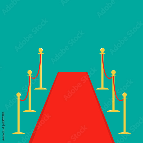 Red carpet and rope barrier golden stanchions turnstile Isolated template Green background. Flat design