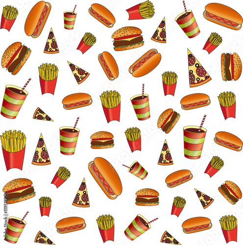 delicious hamburger, pizza, hot dog and a drink on a white background