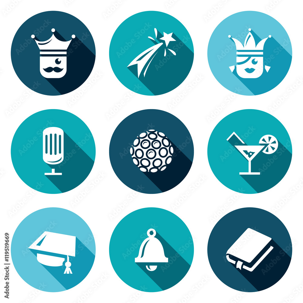 Vector Set of Prom Icons. King, Firework, Queen, Equipment, Disco, Alcohol, Master, Last Call, Scenario. Vector Set of Prom Icons. King, Firework, Queen, Equipment, Disco, Alcohol, Master, Last Call, Scenario.