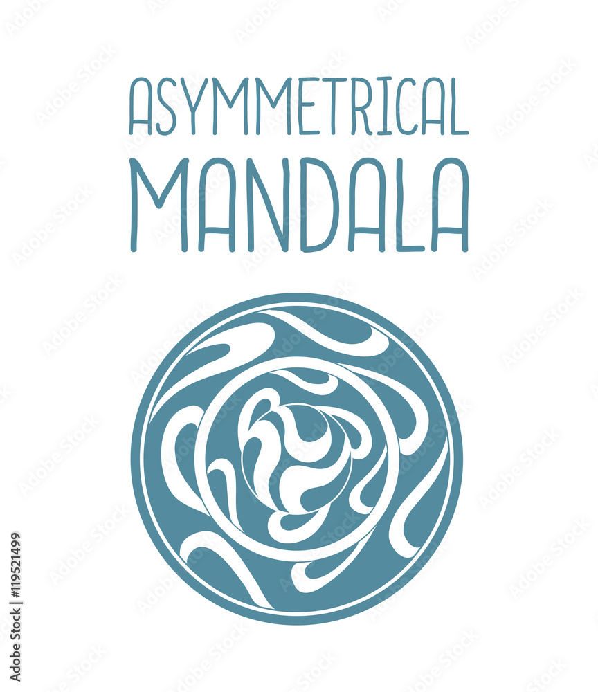 Asymmetrical blue mandala design with drops in a circle geometric shape.