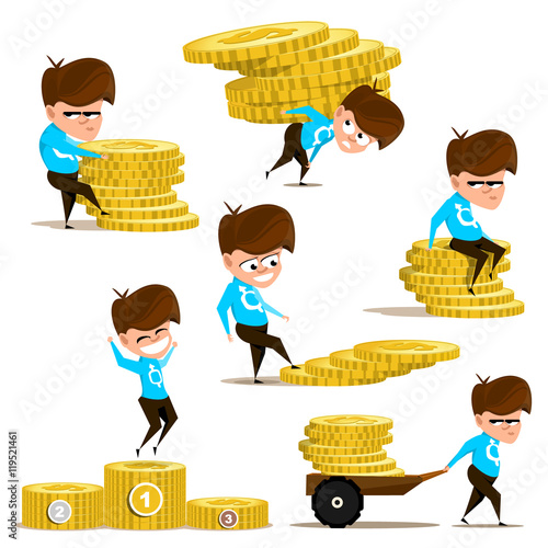 Images of boy with coins. People and money. Vector illustration