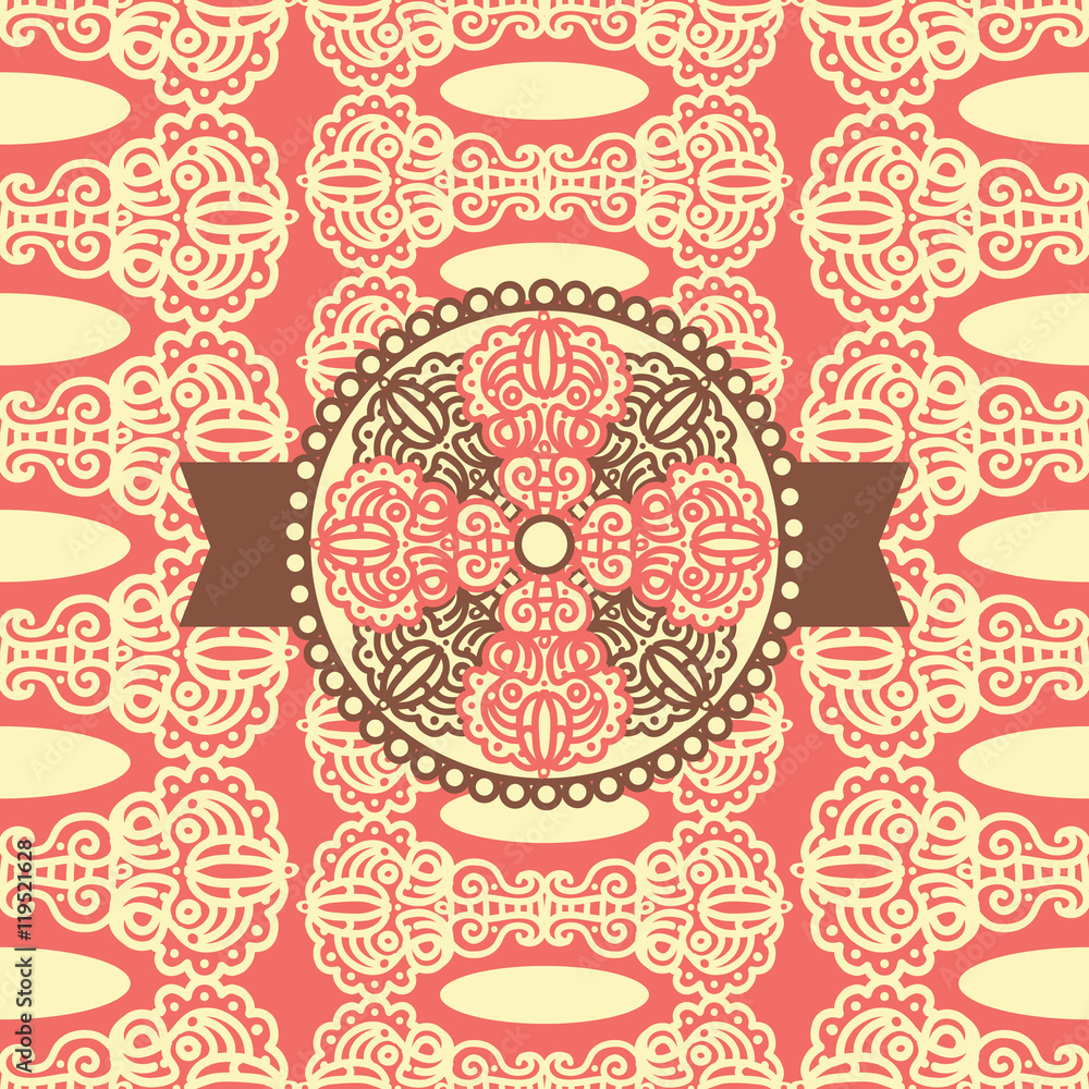 Seamless pattern with damask ornament and label. Seamless pattern with damask ornament and label.