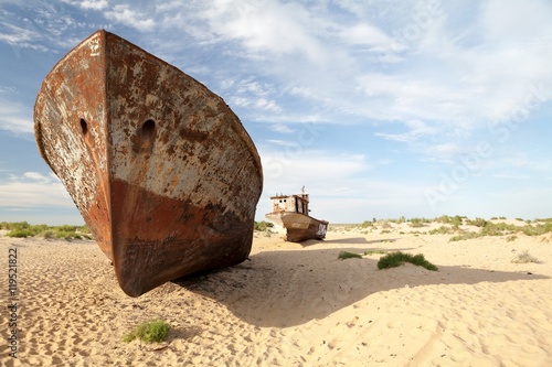 Abadoned ship in Aral Desert, Munyak, Karakalpakstan, Uzbekistan photo