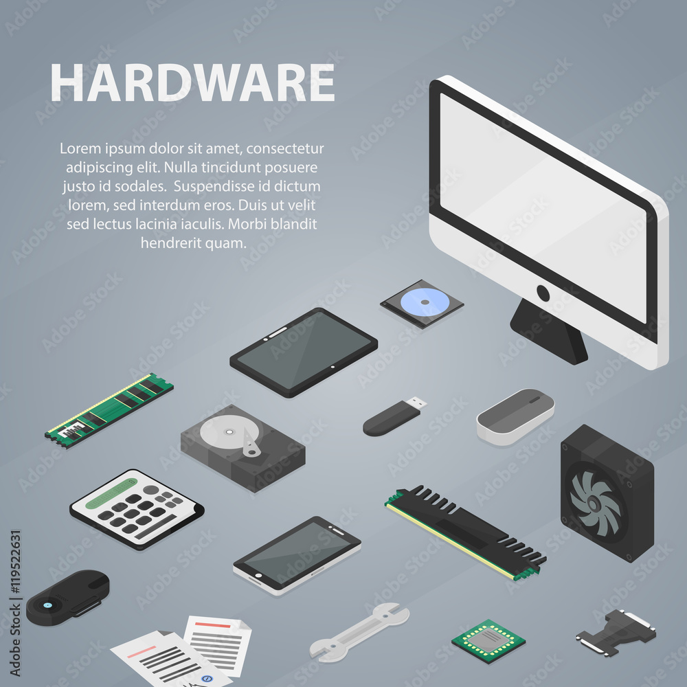 Vector isometric banner of hardware for website, apps and infographic