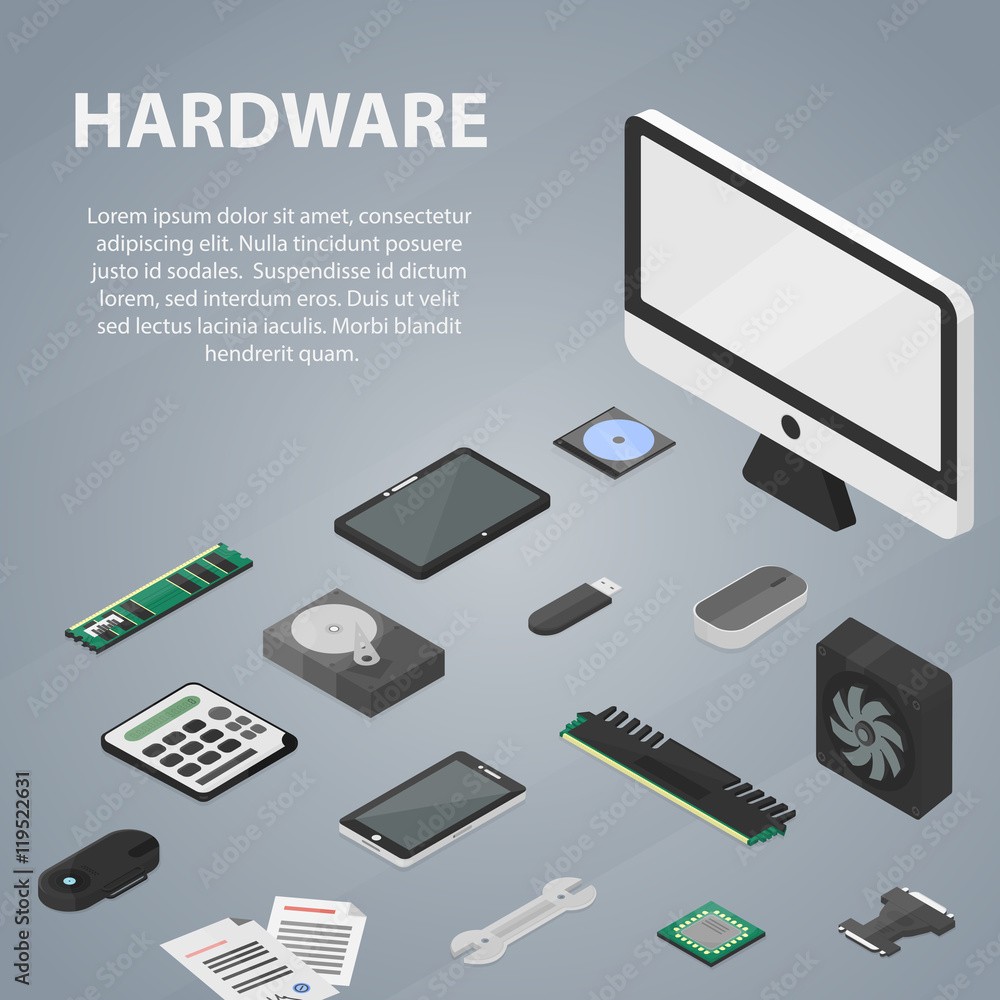 Vector isometric banner of hardware for website, apps and infographic. Business concept poster of computer store and electronic market.