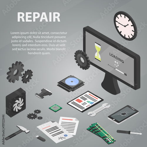 Vector isometric banner of repair electronics for website and infographic. Business concept poster of computer and hardware repair. Set of isolated computer parts and hardware in isometric design.
