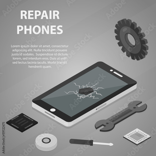 Vector isometric banner of repair mobile phones for website and infographics. Business concept of electronic. Set of isolated tech elements.