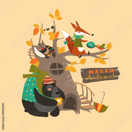 Funny animals on the autumn tree