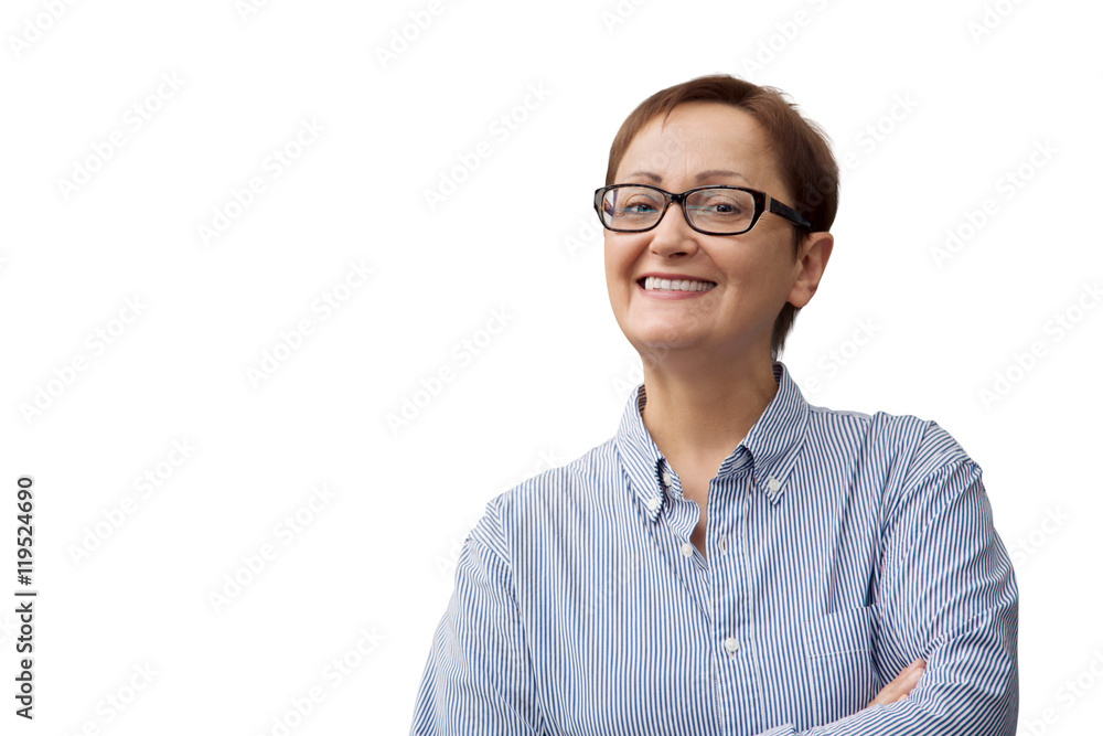 Business woman isolated on white background. Portrait of smiling middle aged woman 40 50 years old wearing glasses. Business woman isolated on white background. Portrait of smiling middle aged woman 40 50 years old wearing glasses.