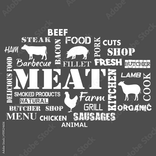 Meat. Text set of butcher